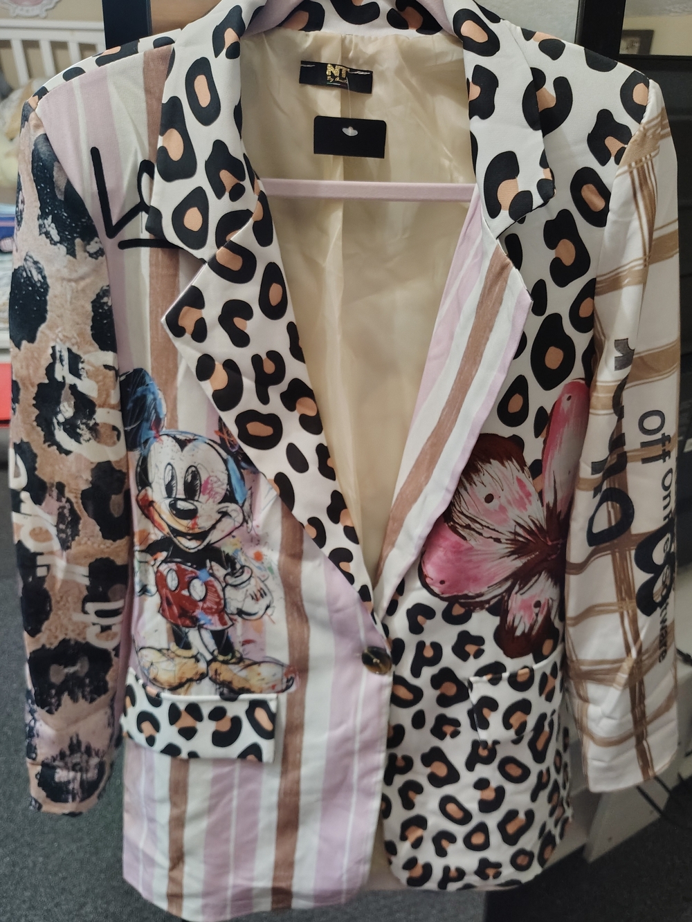 Mixed-Print Women's Blazer in White, Pink & Brown